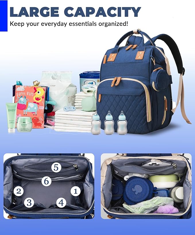 Lamroro Diaper Bag with Changing Station, Waterproof 3 in 1 Baby Diaper Backpack with Foldable Changing Pad, Large Travel Back Pack for Baby Girl Boy, Baby essentials, Blue