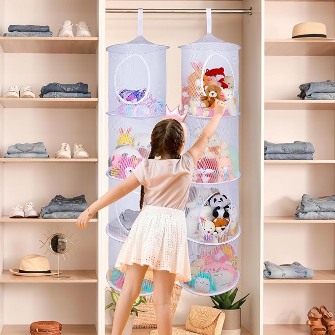 Basumee Stuffed Animals Net or Hammock 2 Pcs Stuffed Animals Storage Toy Net Hammock for Plushies Storage Organizer Mesh Kids Girls Room Decor, White, 4 Tiers