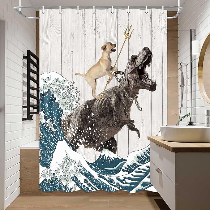 Boziqr Funny Dog Shower Curtain, Japanese Ocean Wave Dinosaur Rustic Barn Door Decor Fabric Bathroom Curtains Set, Cute Animal Kids Polyester Fabric Waterproof, 47 X 64 Inches