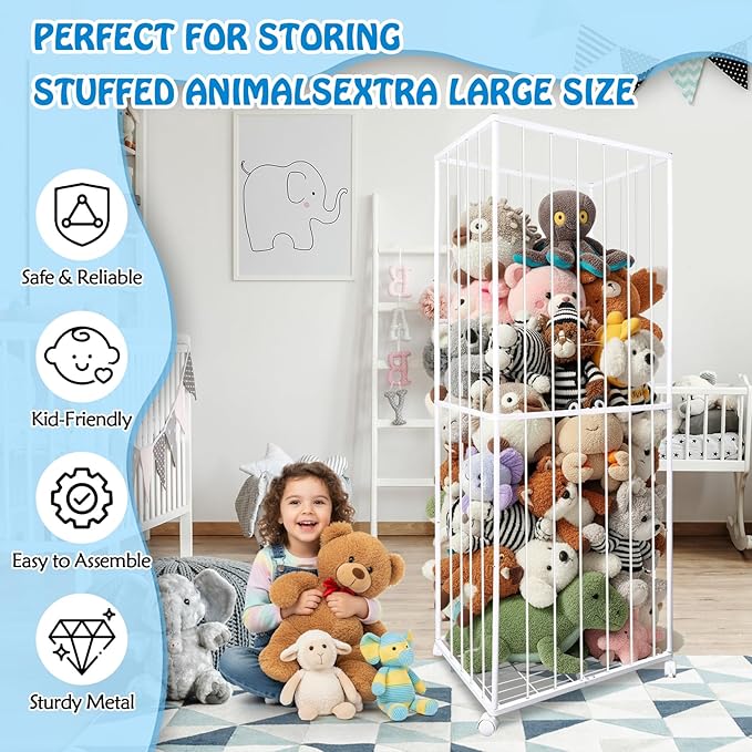 BETBEM Stuffed Animal Storage, Metal Tube Extra Large Toy Storage Organizer with Brake Wheels, Stuffed Animal Holder Zoo Organizer for Nursery Playroom Kids Room White(61” x 23.6”x 16.5”)