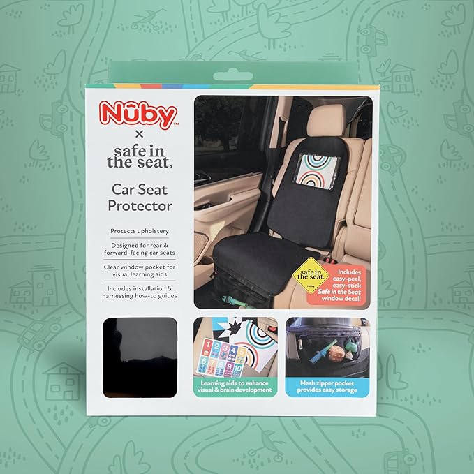 Nuby x Safe In The Seat Car Seat Protector - Compatible with Rear & Forward Facing Car Seats - Visual Learning Pocket, Mesh Storage & Adjustable Strap