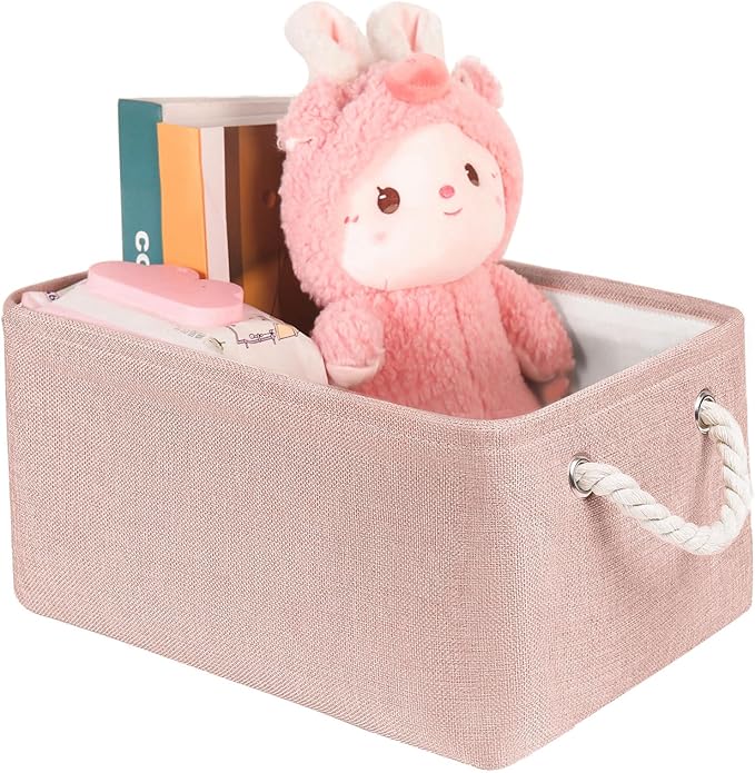 LordCom Storage Bins with Sturdy Cotton Handles(1 Pack), Fabric Storage Baskets for Organizing use for Office & Home, Book, Clothes, Toys, Closet Boxes (Small, Pink, 12.2x8.3x6.3 inches)