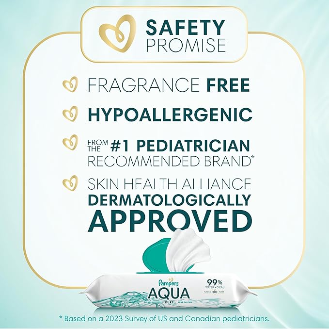 Pampers Aqua Pure Baby Wipes, 99% Water, Fragrance Free, Unscented, Water Based, Multi-Use, 448 Wipes Total (8X Flip-Top Packs) [Packaging May Vary]