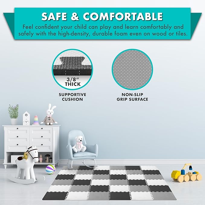 ProSource Baby Play Mat, Soft Foam Floor Tiles for Kids, Interlocking EVA Panels for Playpen Use, Crawling Development Surface, Safe Non-Toxic Toddler Flooring, 32 Tiles, Black/Gray/White