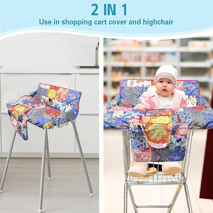 Shopping Cart Cover for Baby,2-in-1 High Chair Cover Soft,Portable, and Machine Washable,Comfortable Cotton Seat Pad with Safety Harness and Portable Cloth Bag,Fits All Supermarkets and Restaurants
