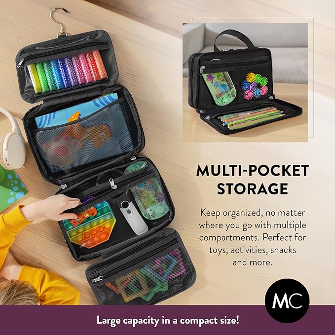 Kids Travel Organizer - Multi-Compartment, Water-Resistant Hanging Bag for Toys, Snacks, & Activities - Compact, Lightweight Design with Hook & Carry Handle - Perfect for Travel Use (Black, Small)