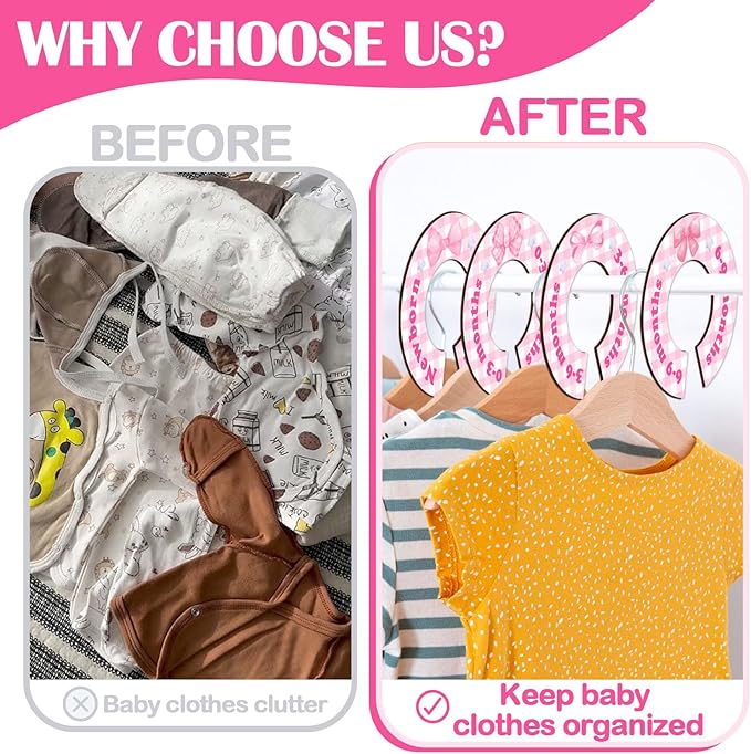 8Pcs Baby Closet Dividers, Pink bow Baby Clothes Dividers for Closet, Newborn Baby Stuff for Baby Girls, Wooden Double-Sided Baby Hanger Organizer from Newborn to Toddler