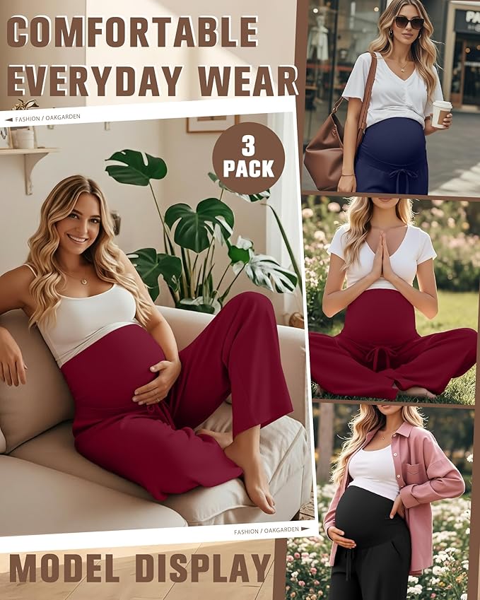 3 Pcs Maternity Sweatpants Over The Belly Pregnancy Straight Wide Leg Elastic Drawstring Pants Joggers with Pockets