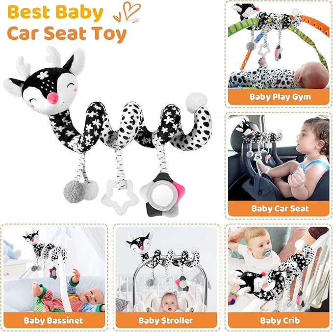 Car Seat Toys for Babies 0-6 Months Boy&Girl, Carseat Toys Hanging Black and White High Contrast Toy for Baby 0-3 Months, Spiral Activity Plush Toys Stroller Toys for 0 3 6 9 12 Months Baby Ideal Gift