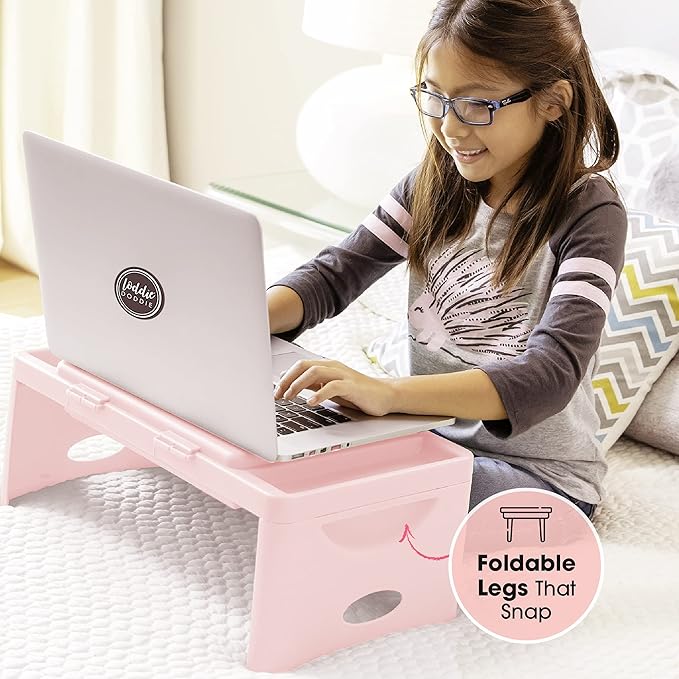 Loddie Doddie Folding Lap Desk - Blush, Plastic & Steel - Sturdy Car Seat Tray for Kids Travel - Lap Desk with Storage Pocket & Accessory Trays - Fits Most Laptops as Laptop Bed Table