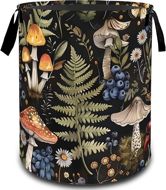 VODRM Mushroom Fern Daisy Butterfly Laundry Basket, Dirty Collapsible Clothes Toy Organizer Hamper for Kids Adults, Oxford Cloth Waterproof Storage Bin for Bathroom Forest Decor Gifts, 19.7"X15.7"