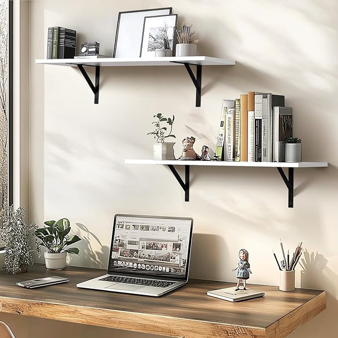 Heavy Duty Long Wall Shelves Set of 2, Floating Shelves Wall Mounted with Industrial Brackets, 40lbs Capacity Shelves for Laundry Room, Kitchen, Bathroom, Living Room (31.5"*8",White)