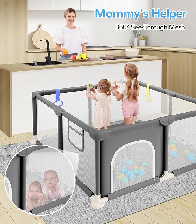 Dripex Baby Playpen, 47×47 Inch Small Playpen for Babies, Enhanced Safety Baby Play Yard for Indoor & Outdoor, Infant Play Pen with Soft Breathable Visible Mesh, Anti-Fall Design & Easy Setup, Grey