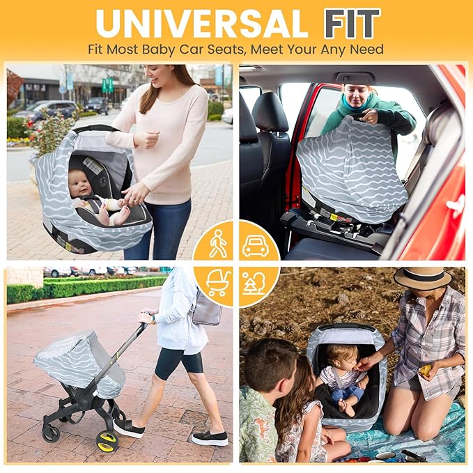 Orzbow Baby Car Seat Cover, Breathable Car Seat Canopy for Girls Boys with Mesh Window, Lightweight Baby Carrier Cover for Wind, Dust, Sun and Insects Protection, Universal Fit, Gray