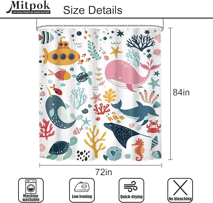 Kids Shower Curtain 72Wx84H Extra Long Ocean Cute Cartoon Whale Funny Kid Bathroom Decor Nursery Boys Girls Underwater Coastal Submarine Fish Animal Bath Curtain Fabric Polyester 12 Pack Hooks