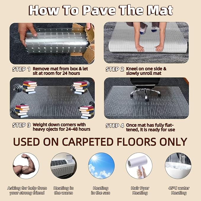 Office Chair Mat Carpet Protector: 36" x 48" Plastic Heavy Duty Computer Desk Mats with Lip for Low Flat and No Pile Carpeted Floor - Clear Rug Pad for Rolling Chairs Work Home Gaming Convex Shape