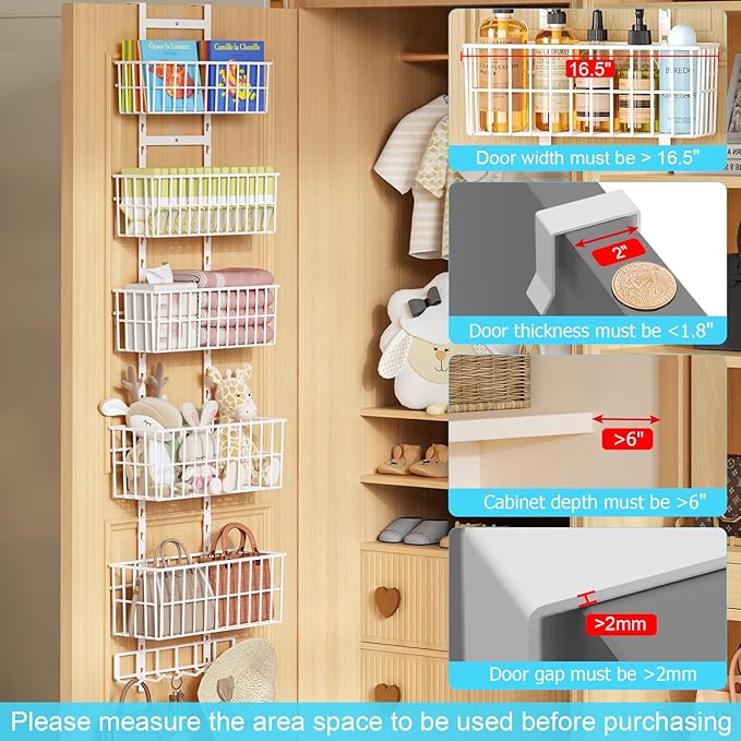 Over The Door Organizer, Hanging Door Organizer with 5 Metal Baskets, Behind The Door Storage for Pantry Closet Bedroom Bathroom Cabinet Kitchen, White