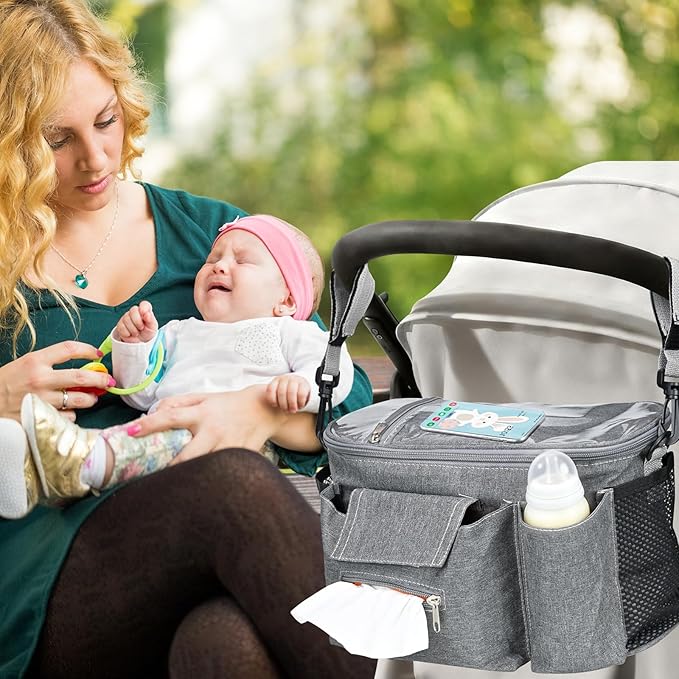Smlper Stroller Organizer with Cup Holders, Adjustable Universal Organizer Caddy Bag - Phone Pocket & Detachable Strap for Baby Stroller and Pet Stroller (Grey)