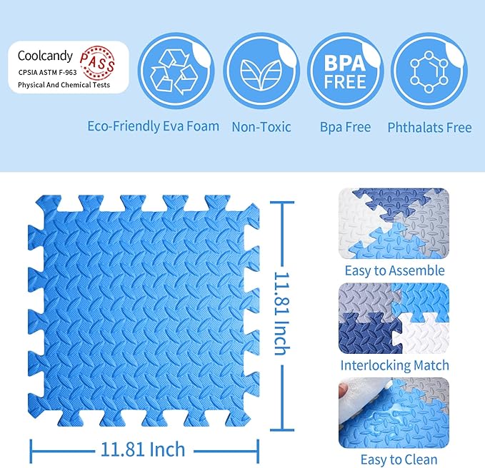 Coolcandy Baby Foam Play Mat 16Pcs with Edge Strips, 4 Colors Interlocking Floor Tiles, 0.4″ Thickened Non-Slip Puzzle Floor Mat for Infants Toddlers Playroom & Daycare