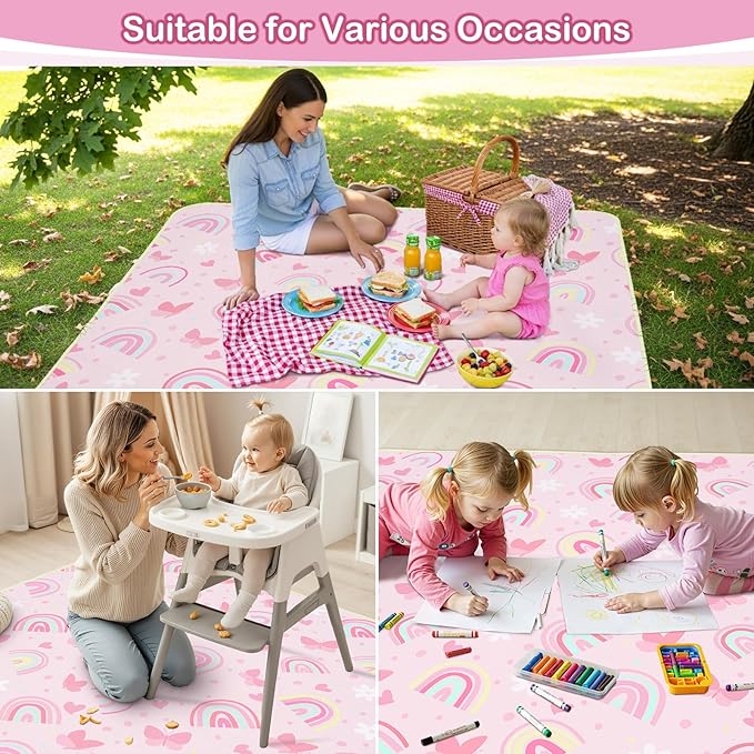 Basumee Splat Mat High Chair Mat Waterproof Baby Play Splat Mat for Under High Chair Food Catcher Highchair Mat for Floor Non Slip Bottom, Pink Rainbow, 60x60 Inches