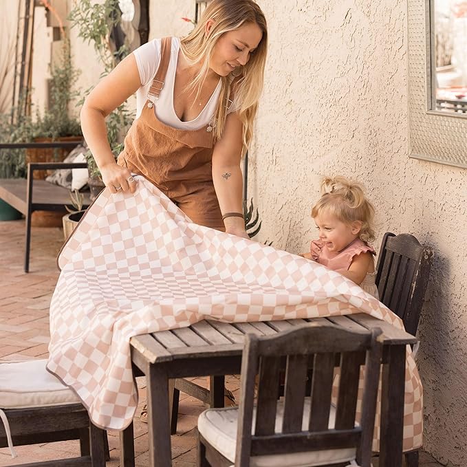 Tiny Twinkle Splat Mat for Under High Chair or Table | 51" x 51" Waterproof & Mess-Proof High Chair Mat for Baby, Machine Washable for Mealtime or Art(Brown Checkers)