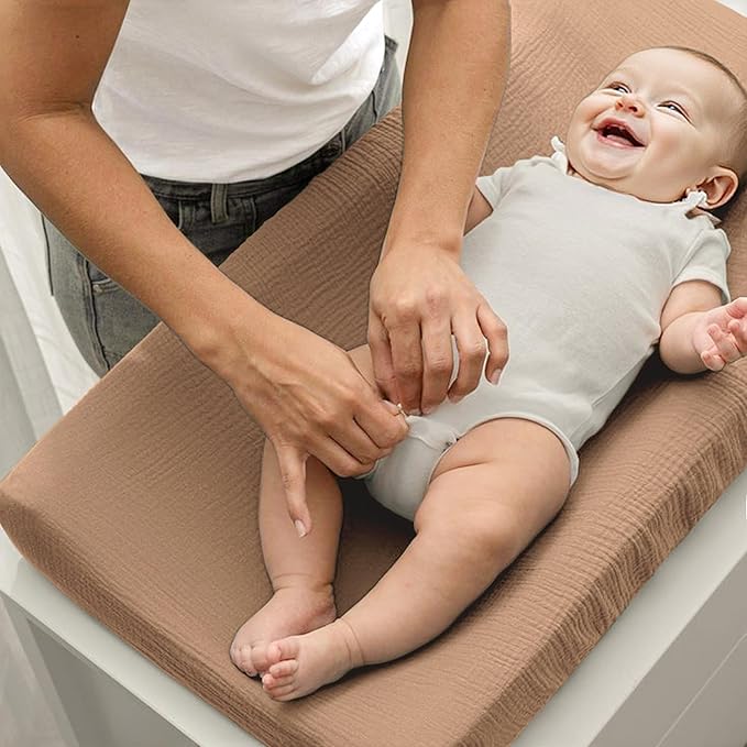 3 Pack Muslin Changing Pad Covers for Girl Boy, 100% Soft Cotton Changing Table Cover, Breathable Baby Nursery Diaper Chang Pad Sheets (Milky Coffee)