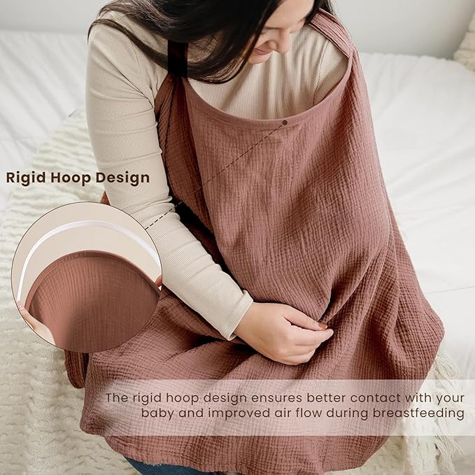 Konssy Muslin Nursing Cover for Baby Breastfeeding, Breathable 100% Cotton Breastfeeding Cover with Rigid Hoop for Mother Nursing Apron, Multi-use Carseat Canopy (Chestnut)