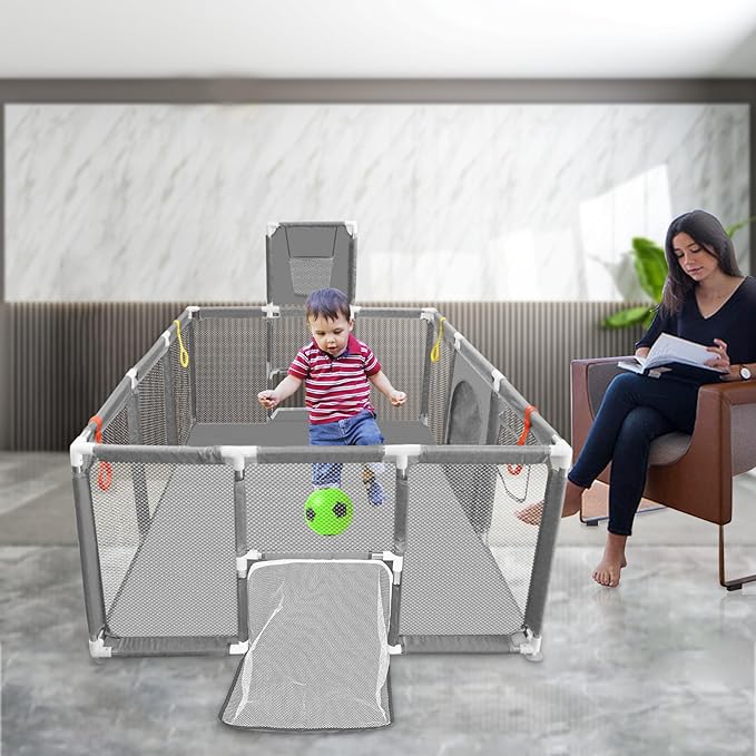 74"×50" Large Playpen for Babies and Toddlers, Kids Playyard with Basketball Hoop & Football Nets, Comes with a Storage Carry Bag, Pull Up Rings, Sturdy Safety Play Pen w/Soft Breathable Mesh (Grey)