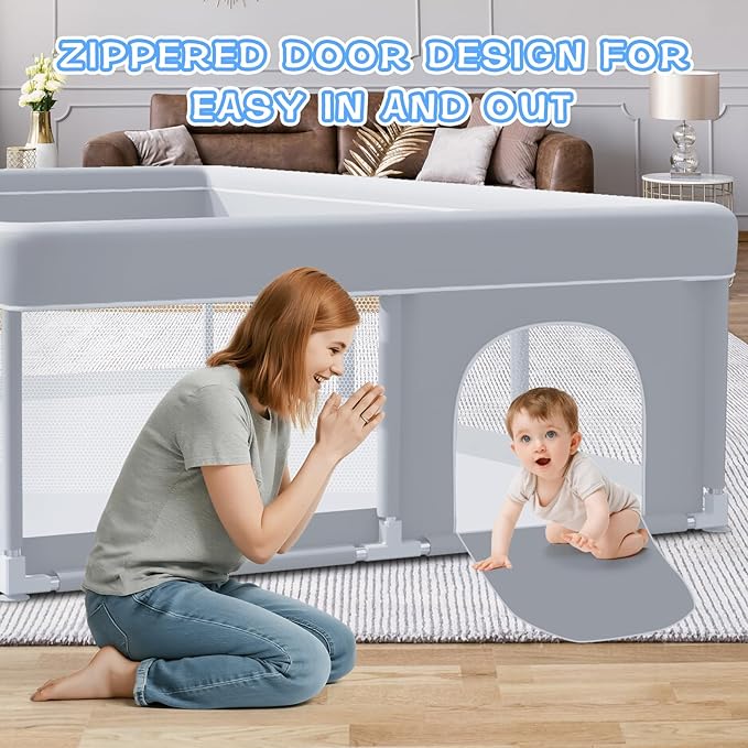 Baby Playpen 74 x 50 Inch Play Pen Playards, Playpen for Babies and Toddlers, Baby Playard for Indoor & Outdoor Active Center Game Fence, with Skin-Friendly Fabric and Soft Breathable Mesh Grey