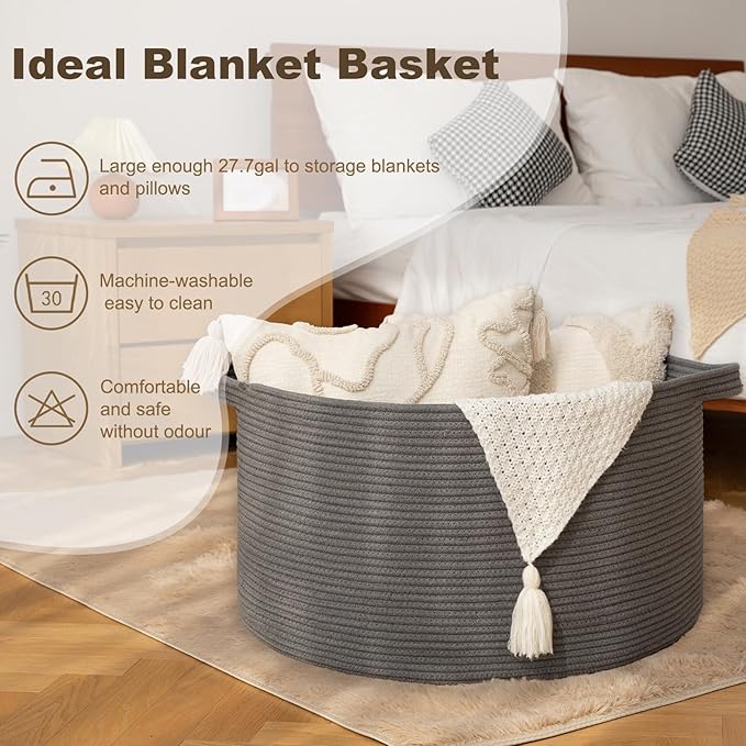OIAHOMY 105L Blanket Basket for Living Room, Large Basket 23.6" x 23.6" x 14.6" with Handle, Laundry Hamper for Blankets, Pillows, Toy Storage for Kids, Dogs - Grey