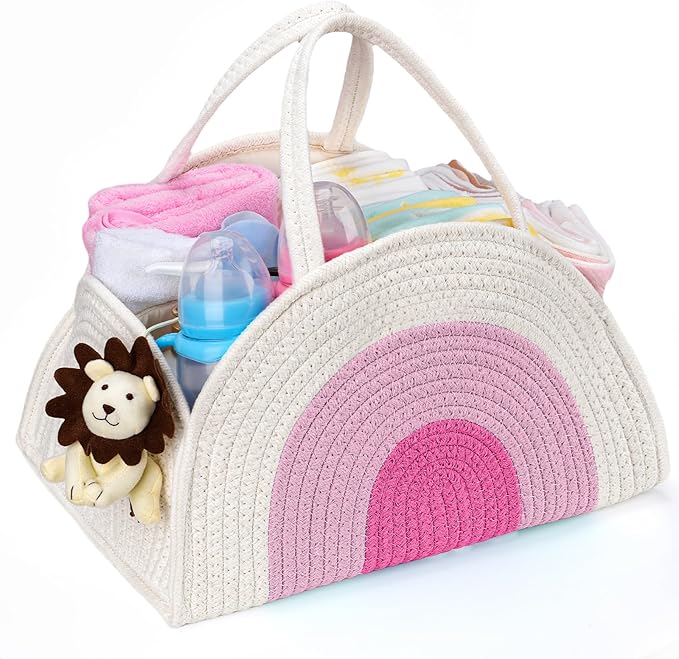 JMBNH Baby Diaper Caddy- With Removable Dividers, Nursery Storage Bin and Car Organizer,Boy & Girl Shower Gift Basket,Portable Organizer,Nursery Essentials-Rainbow Pink