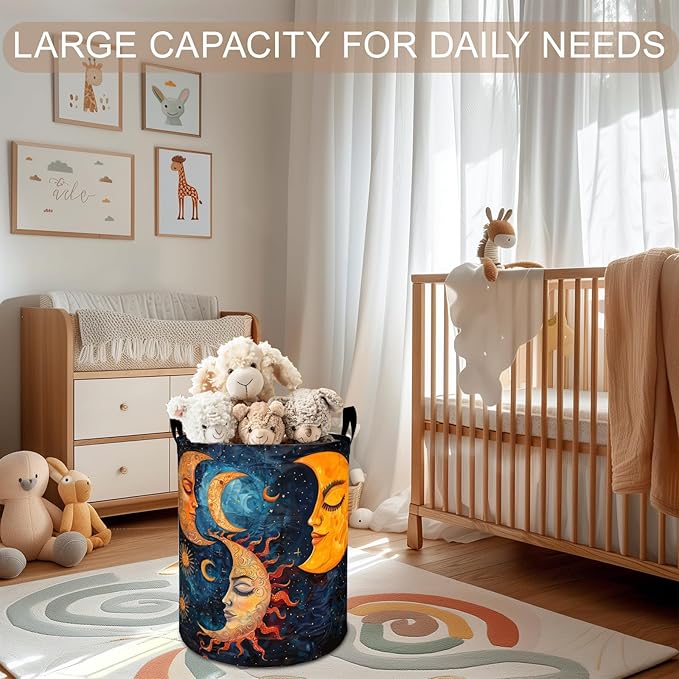 Sun and Moon Laundry Basket Hamper 19.7"x15.8", Celestial Foldable Waterproof Oxford Clothes Storage Bucket for Room Bathroom Bedroom Nursery Decor, Toy Organizer Bins Gifts for Kids Boys Girls