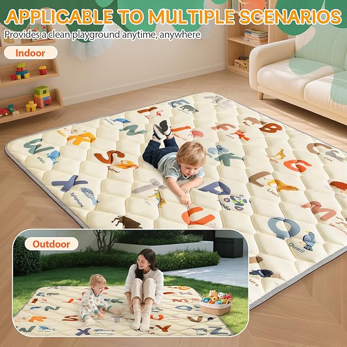 Baby Play Mat - 59x59 Thick Floor Mat for Baby - Crawling Mats for Babies 6-12 Months Non-Slip Washable Play Mat - Kids Foam Playmat Animals Alphabet Design