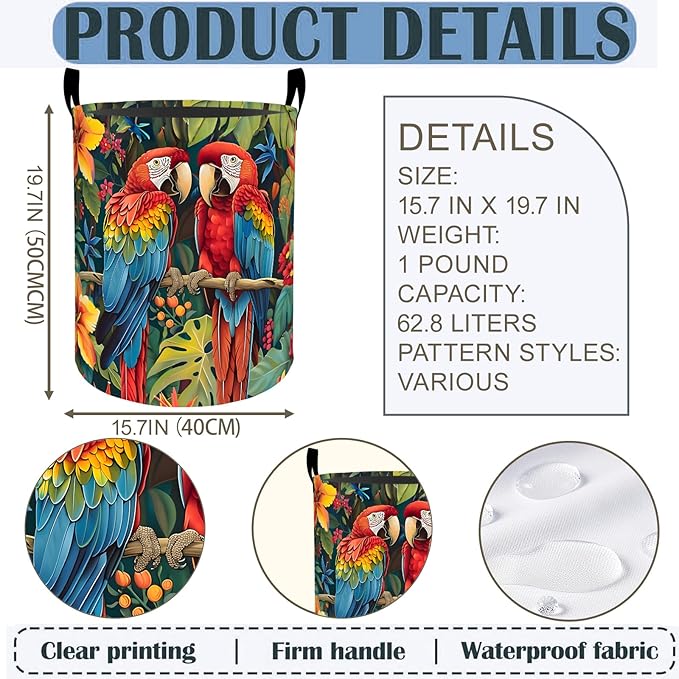Colorful Parrot Laundry Basket Hamper 19.7"x15.8", Birds Foldable Waterproof Oxford Clothes Storage Bucket for Room Bathroom Bedroom Nursery Decor, Toy Organizer Bins Gifts for Kids Boys Girls