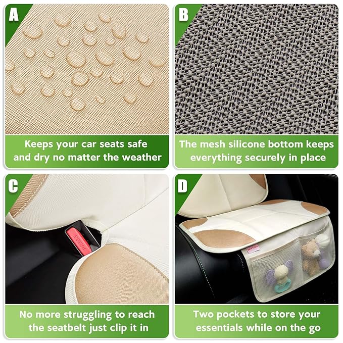 Siivton Car Seat Protector for Kids, Anti-Slip Design, Thick Padding, Prevents Seat Marks, 2 Storage Pockets for Toys & Snacks, Fits Most Cars, Black (Beige, 2 Pack)