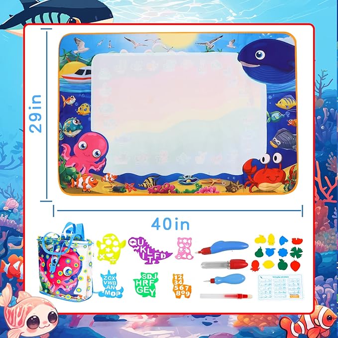 Aqua Doodle Pad Neon，Water Doodle Mat with Bag, Water Drawing for Travel, Magic Coloring Painting Writing Mat for Toddlers & Kids 3 4 5 6 7