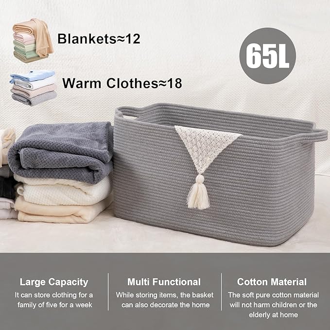 SIXDOVE 65L Large Storage Basket, Cotton Rope Woven Blanket Basket, Toy Storage for Baby Room, Living Room, Light Grey