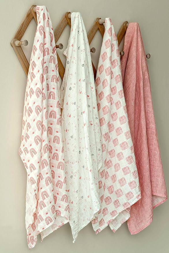 Muslin Swaddle Blankets for Newborn, 4 Pack Cotton Baby Blanket, Large 31.5 x 43.3 Breathable Soft Receiving Blankets Girl, Essentials Swaddle Wrap Burping Clothes, Pink Rainbow