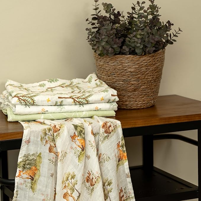 Muslin Swaddle Blankets for Newborn, 4 Pack Cotton Baby Blankets Neutral, Large 31.5 x 43.3 Breathable Soft Receiving Blanket, Essentials Swaddle Wrap Burping Clothes, Green Jungle Animal