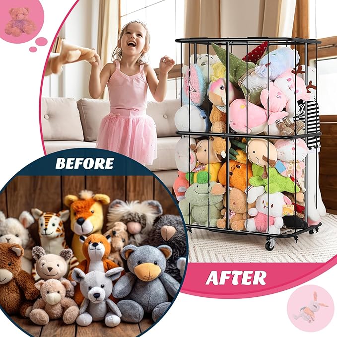 OYEAL Stuffed Animal Zoo Storage Metal Stuffed Animal Organizer With Wheels Ball Storage Rack Stand Plush Storage Holder With Elastic Band for Nursery Play Room Bedroom, Easy To Assemble, Black