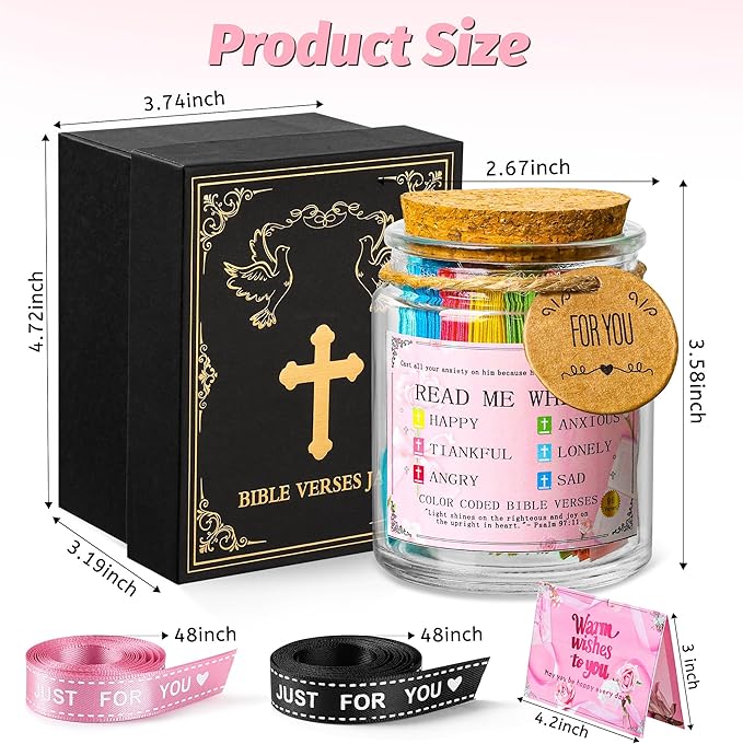Bible Verse Jar, Bible Jar for Emotions and Feelings, Christian Gifts for Women Man, Birthday, Graduation, Mothers Day Gifts for Mom, prayer Bible Verse With Greeting Card & Two Adorable Ribbons