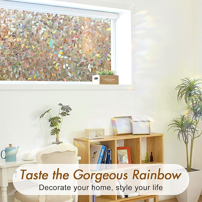 Haton Window Privacy Film, Stained Glass Rainbow Film Decorative Window Clings, Static Cling Sun Blocking Sticker Decal Covering Tint for Home Heat Control, Non-Adhesive, Brown 17.5" x 157.4"