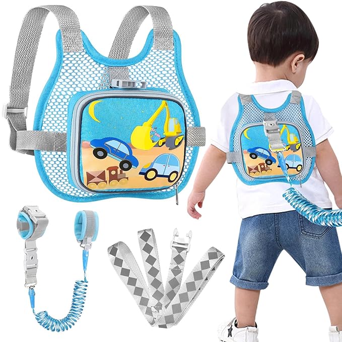 Accmor Toddler Harness Leash + Anti Lost Wrist Link, Cute Car Kids Harness with Leash for Baby, Breathable Child Walking Belt Collapsible Pocket Strap Tether Hold Boys Girls Close for Outdoor Travel