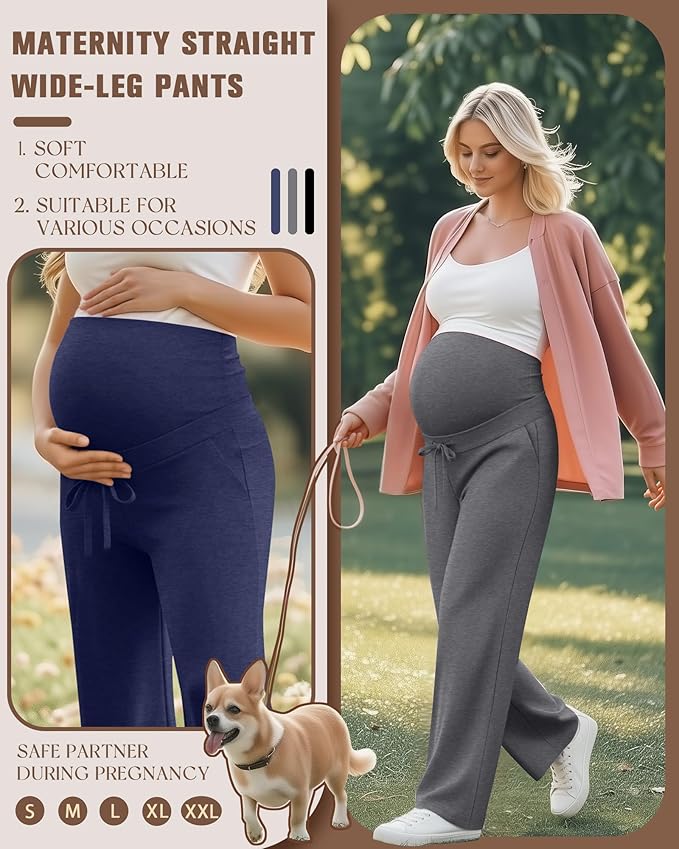 3 Pcs Maternity Sweatpants Over The Belly Pregnancy Straight Wide Leg Elastic Drawstring Pants Joggers with Pockets