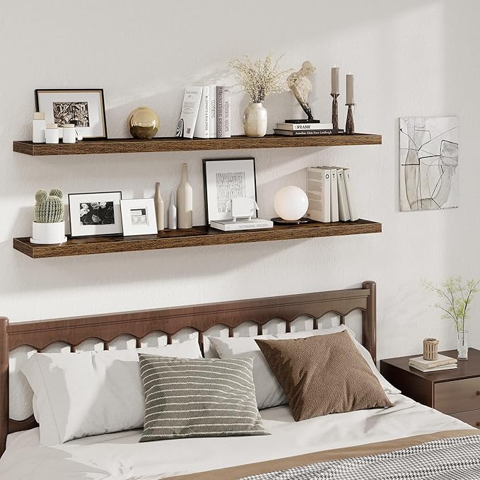 Fun Memories 12 Inch Deep Floating Shelves, 67 Inch Long Extra Large Floating Shelves Set of 2, Wood Wall Shelves for Living Room, Kitchen, Bedroom, Farmhouse, Laundry Room, Home Office - Rustic Brown