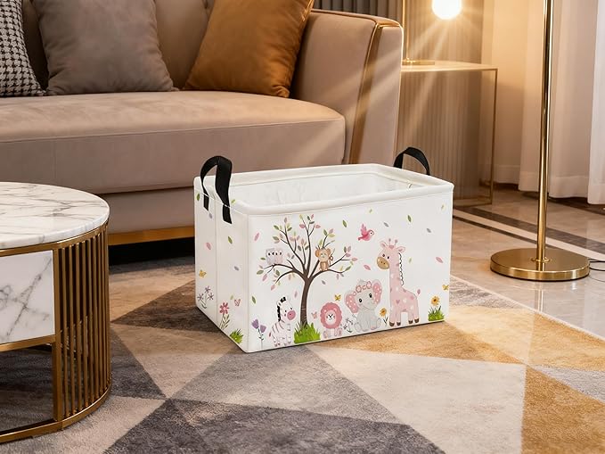 Essme Rectangular Animal Baskets,Pink Storage Basket with Handles for Girls Room Decor,Cute Storage Bin（Pink animal）