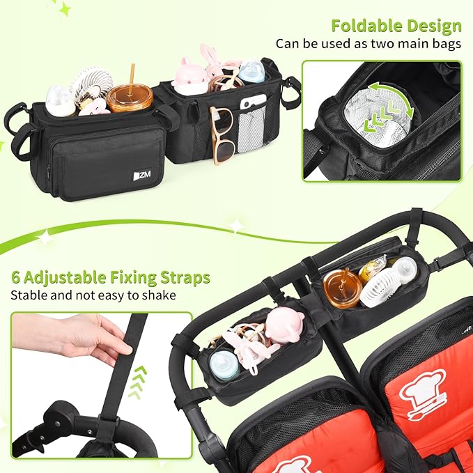 ZZM Double Stroller Organizer with 2 Cooler Pockets,Compatible for Bob Duallie, Jeep and Baby Jogger City Mini GT2, Double Baby Stroller Accessories, Parent Console Double Jogging Stroller Organizer