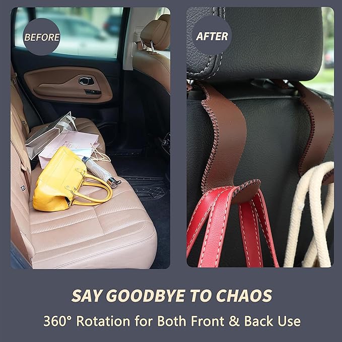 Amooca Car Seat Headrest Hook Universal Vehicle Storage Hanger Leather with Metal Car Seat Back Organizer for Handbag Purse Coat Brown 4 Pack