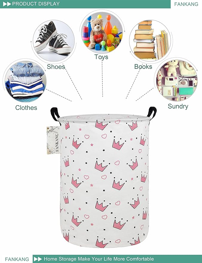 FANKANG Storage Basket, Nursery Hamper Canvas Laundry Basket Foldable with Waterproof PE Coating Large Storage Baskets for Kids Boys and Girls, Office, Bedroom, Clothes,Toys（pink crowns）