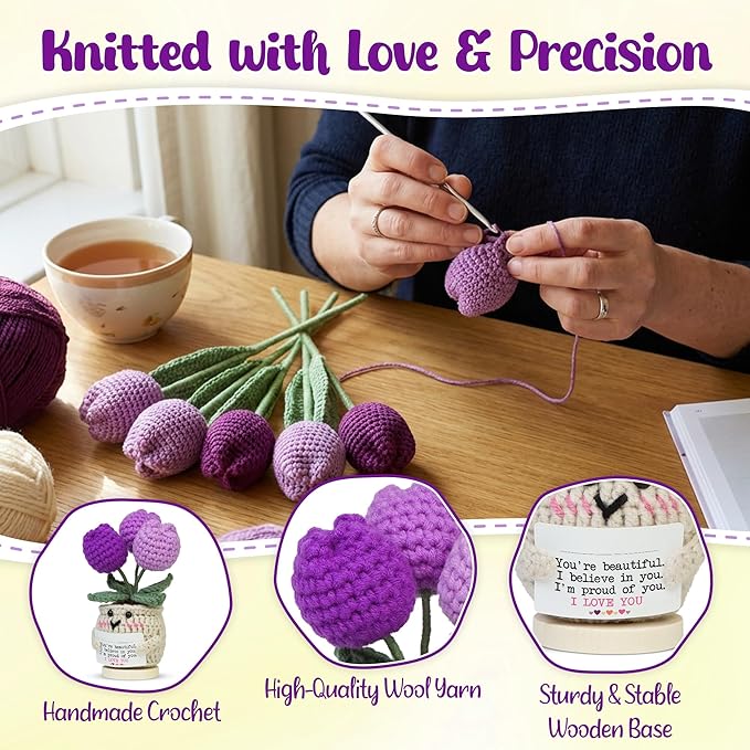 OASSIE Birthday Gifts for Daughter - Handmade Emotional Support Crochet Tulip with Card - Inspirational Appreciation Mothers Day Graduation Gifts for Women Daughter Granddaughter